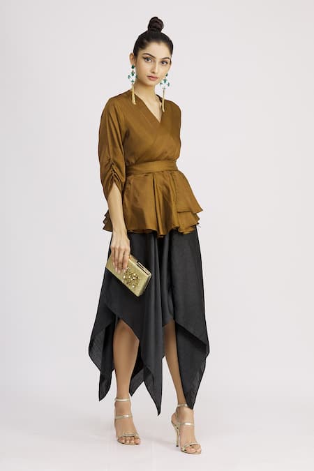 Harsh Harsh_Yellow Dupion Silk Plain V Neck Gathered Sleeve Peplum Top  _Online_at_Aza_Fashions