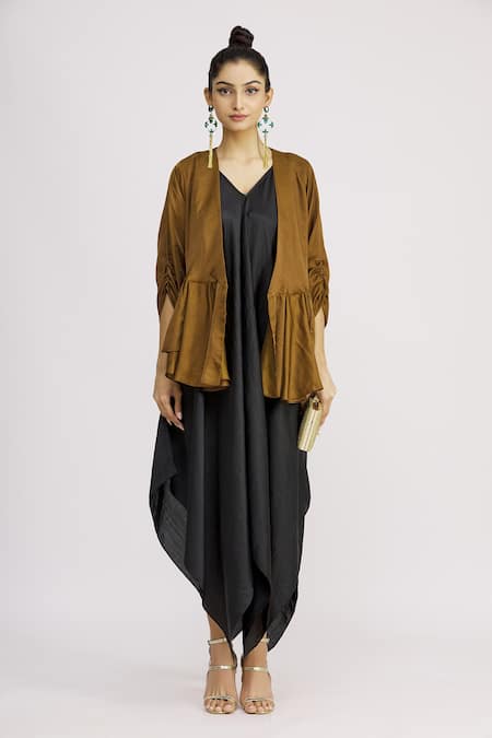 Buy_Harsh Harsh_Yellow Dupion Silk Plain V Neck Gathered Sleeve Peplum Top  _Online_at_Aza_Fashions