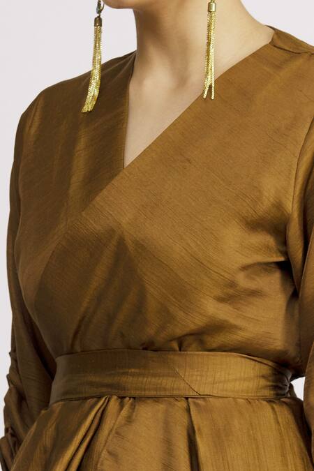 Harsh Harsh_Yellow Dupion Silk Plain V Neck Gathered Sleeve Peplum Top  _at_Aza_Fashions
