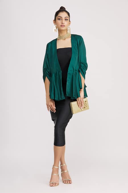 Shop_Harsh Harsh_Green Dupion Silk Plain V Neck Gathered Sleeve Peplum Top  _Online_at_Aza_Fashions