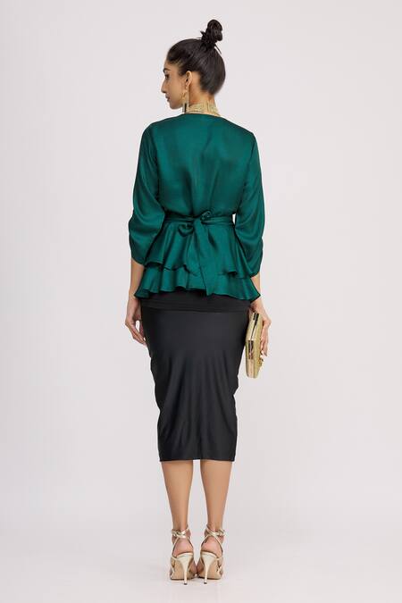 Shop_Harsh Harsh_Green Dupion Silk Plain V Neck Gathered Sleeve Peplum Top  _at_Aza_Fashions