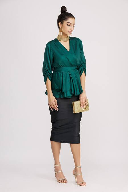 Harsh Harsh_Green Dupion Silk Plain V Neck Gathered Sleeve Peplum Top  _Online_at_Aza_Fashions