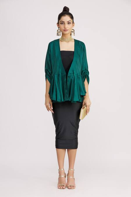 Buy_Harsh Harsh_Green Dupion Silk Plain V Neck Gathered Sleeve Peplum Top  _Online_at_Aza_Fashions