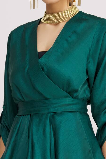 Harsh Harsh_Green Dupion Silk Plain V Neck Gathered Sleeve Peplum Top  _at_Aza_Fashions