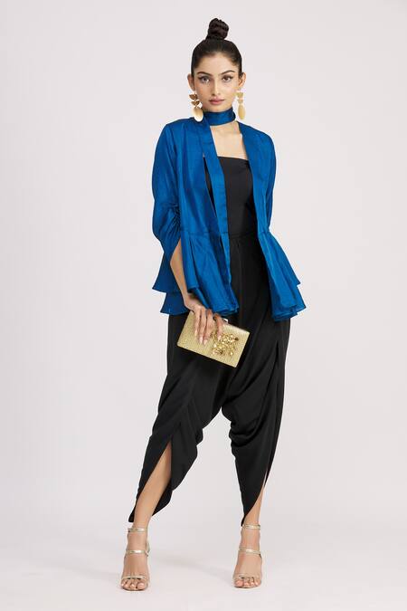 Buy_Harsh Harsh_Blue Dupion Silk V Neck Gathered Sleeve Peplum Top _Online_at_Aza_Fashions