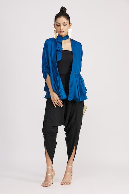 Shop_Harsh Harsh_Blue Dupion Silk V Neck Gathered Sleeve Peplum Top _Online_at_Aza_Fashions