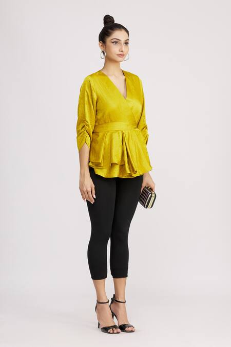 Harsh Harsh_Yellow Dupion Silk V Neck Gathered Sleeve Peplum Top _Online_at_Aza_Fashions
