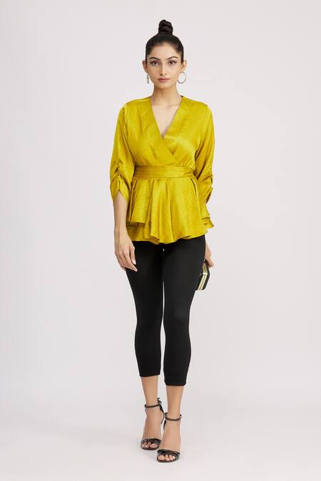 Buy_Harsh Harsh_Yellow Dupion Silk V Neck Gathered Sleeve Peplum Top _Online_at_Aza_Fashions