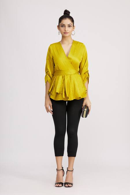 Shop_Harsh Harsh_Yellow Dupion Silk V Neck Gathered Sleeve Peplum Top _Online_at_Aza_Fashions