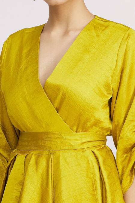 Harsh Harsh_Yellow Dupion Silk V Neck Gathered Sleeve Peplum Top _at_Aza_Fashions