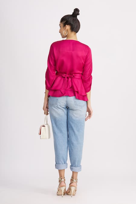 Shop_Harsh Harsh_Pink Dupion Silk V Neck Gathered Sleeve Peplum Top _at_Aza_Fashions
