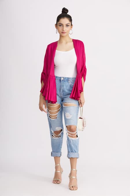 Harsh Harsh_Pink Dupion Silk V Neck Gathered Sleeve Peplum Top _Online_at_Aza_Fashions