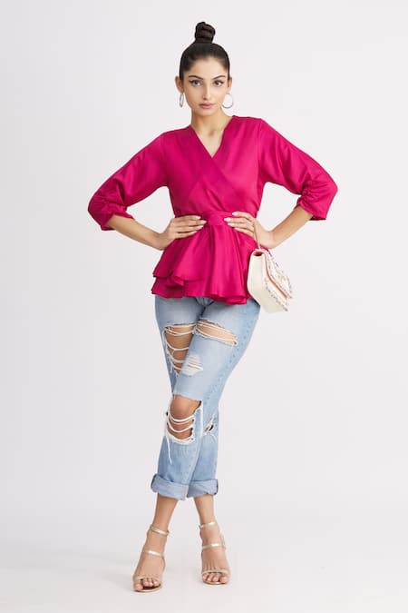 Buy_Harsh Harsh_Pink Dupion Silk V Neck Gathered Sleeve Peplum Top _Online_at_Aza_Fashions