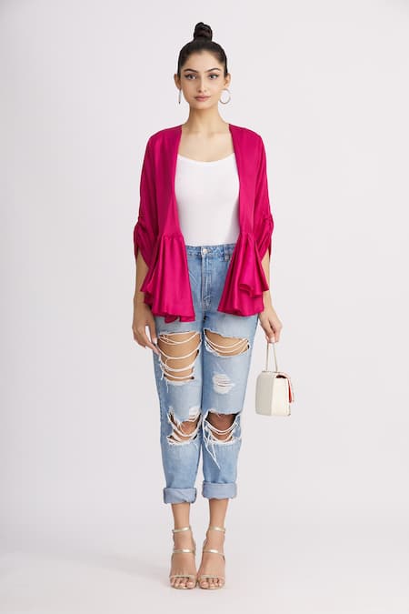 Shop_Harsh Harsh_Pink Dupion Silk V Neck Gathered Sleeve Peplum Top _Online_at_Aza_Fashions