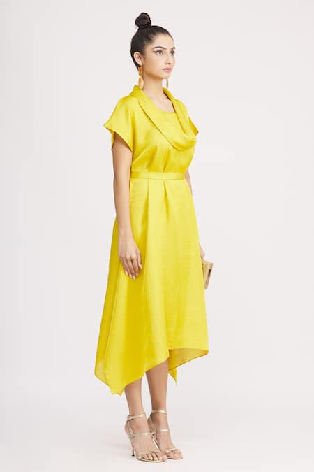 Harsh Harsh_Yellow Dupion Silk Cowl Neck Handkerchief Dress_Online_at_Aza_Fashions