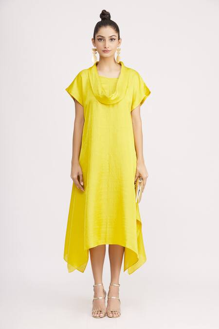 Shop_Harsh Harsh_Yellow Dupion Silk Cowl Neck Handkerchief Dress_Online_at_Aza_Fashions