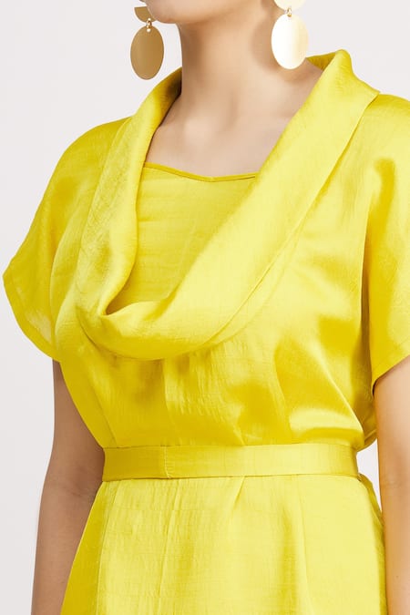 Harsh Harsh_Yellow Dupion Silk Cowl Neck Handkerchief Dress_at_Aza_Fashions
