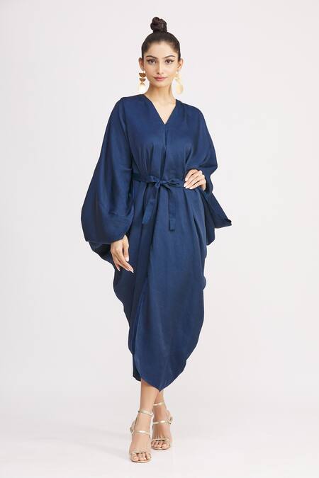 Buy_Harsh Harsh_Blue Dupion Silk V Neck Robe Dress_Online_at_Aza_Fashions