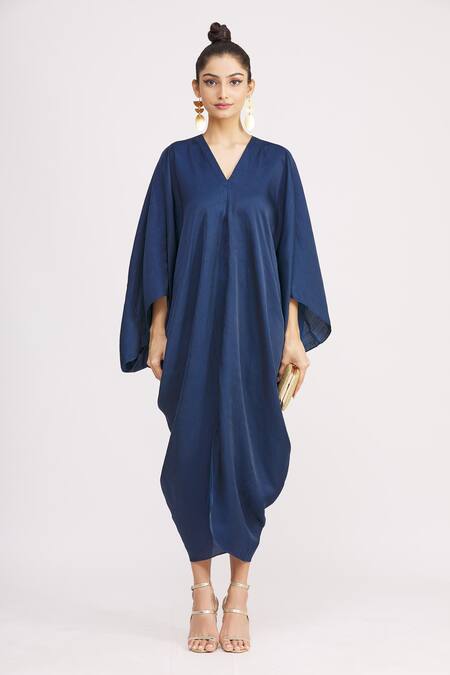 Harsh Harsh_Blue Dupion Silk V Neck Robe Dress_Online_at_Aza_Fashions