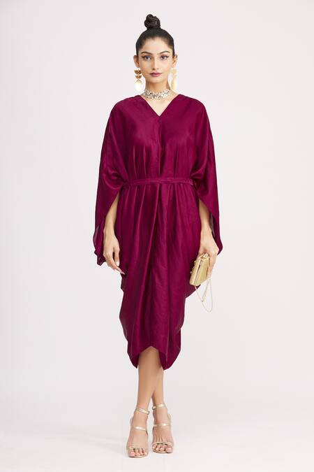 Harsh Harsh_Maroon Dupion Silk V Neck Flared Sleeve Robe Dress_Online_at_Aza_Fashions