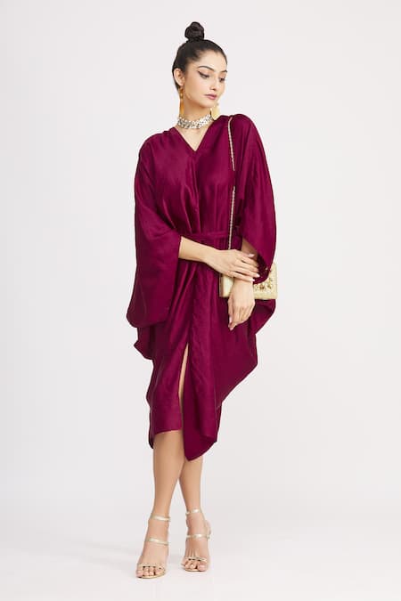 Buy_Harsh Harsh_Maroon Dupion Silk V Neck Flared Sleeve Robe Dress_Online_at_Aza_Fashions