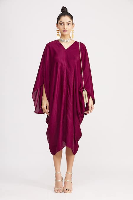 Shop_Harsh Harsh_Maroon Dupion Silk V Neck Flared Sleeve Robe Dress_Online_at_Aza_Fashions