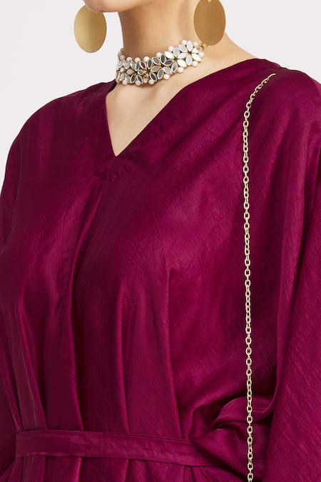 Harsh Harsh_Maroon Dupion Silk V Neck Flared Sleeve Robe Dress_at_Aza_Fashions