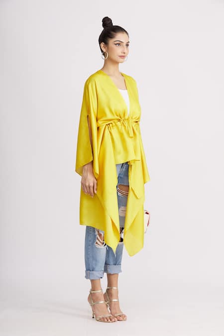 Harsh Harsh_Yellow Dupion Silk V Neck Asymmetric Draped Tie-up Jacket _Online_at_Aza_Fashions