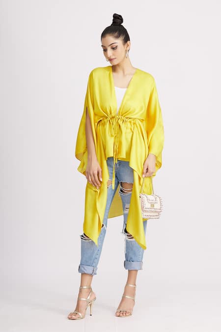 Buy_Harsh Harsh_Yellow Dupion Silk V Neck Asymmetric Draped Tie-up Jacket _Online_at_Aza_Fashions