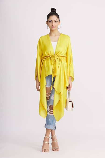 Shop_Harsh Harsh_Yellow Dupion Silk V Neck Asymmetric Draped Tie-up Jacket _Online_at_Aza_Fashions