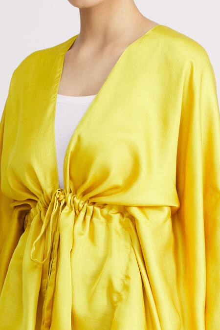 Harsh Harsh_Yellow Dupion Silk V Neck Asymmetric Draped Tie-up Jacket _at_Aza_Fashions