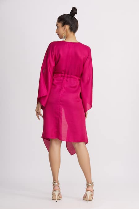 Shop_Harsh Harsh_Pink Dupion Silk V Neck Asymmetric Tie-up Jacket _at_Aza_Fashions