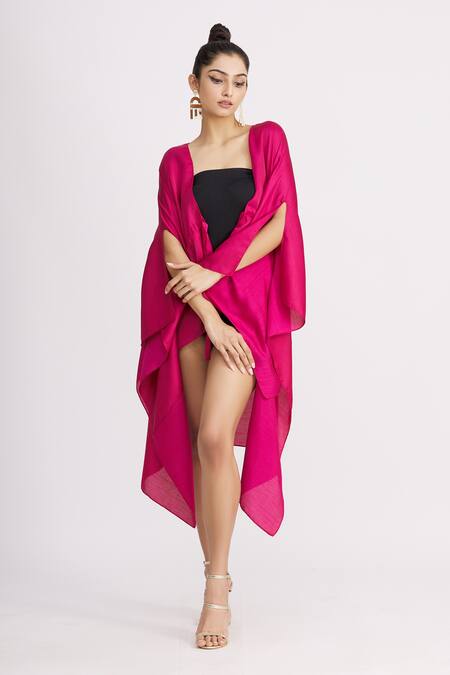 Harsh Harsh_Pink Dupion Silk V Neck Asymmetric Tie-up Jacket _Online_at_Aza_Fashions