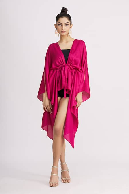Buy_Harsh Harsh_Pink Dupion Silk V Neck Asymmetric Tie-up Jacket _Online_at_Aza_Fashions