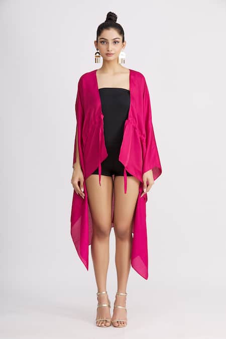 Shop_Harsh Harsh_Pink Dupion Silk V Neck Asymmetric Tie-up Jacket _Online_at_Aza_Fashions