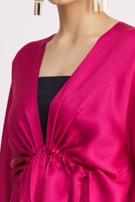 Harsh Harsh_Pink Dupion Silk V Neck Asymmetric Tie-up Jacket _at_Aza_Fashions