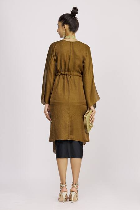 Shop_Harsh Harsh_Yellow Dupion Silk V Neck Gathered Asymmetric Tie-up Jacket _at_Aza_Fashions