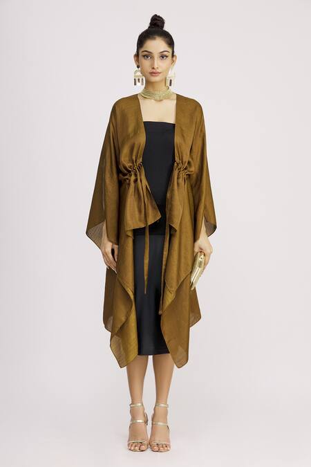 Harsh Harsh_Yellow Dupion Silk V Neck Gathered Asymmetric Tie-up Jacket _Online_at_Aza_Fashions