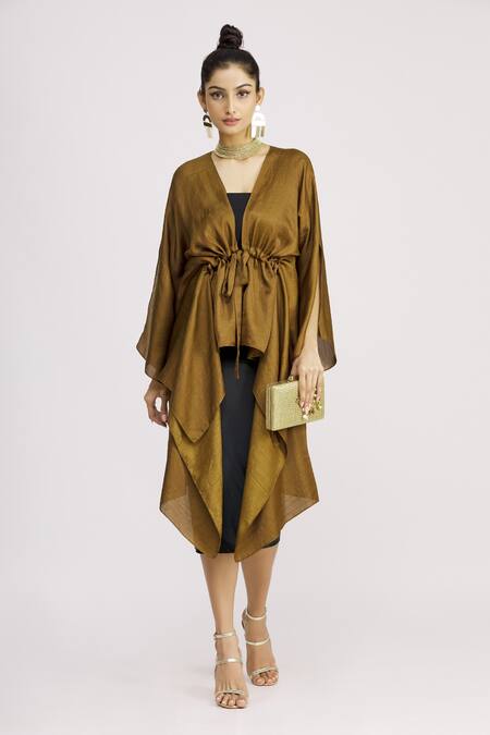 Buy_Harsh Harsh_Yellow Dupion Silk V Neck Gathered Asymmetric Tie-up Jacket _Online_at_Aza_Fashions