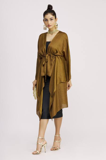Shop_Harsh Harsh_Yellow Dupion Silk V Neck Gathered Asymmetric Tie-up Jacket _Online_at_Aza_Fashions