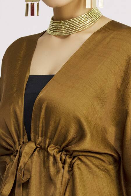 Harsh Harsh_Yellow Dupion Silk V Neck Gathered Asymmetric Tie-up Jacket _at_Aza_Fashions