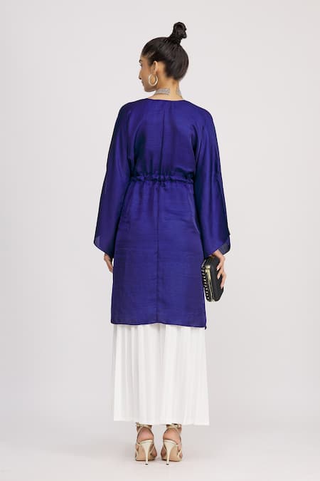 Shop_Harsh Harsh_Blue Dupion Silk V Neck Asymmetric Tie-up Jacket _at_Aza_Fashions