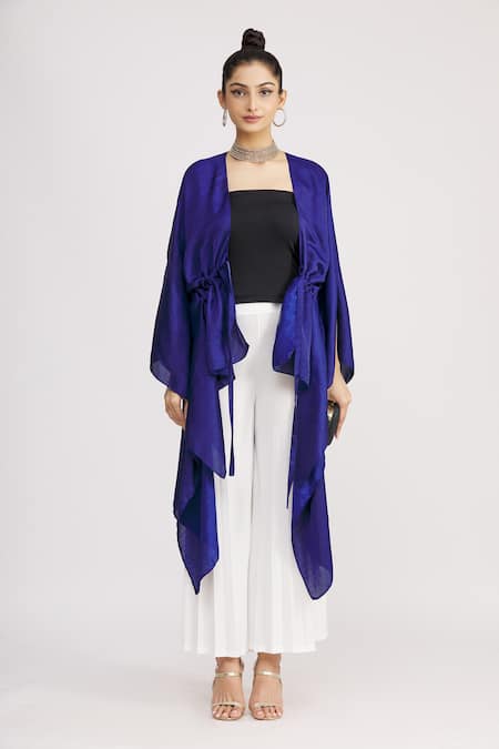 Harsh Harsh_Blue Dupion Silk V Neck Asymmetric Tie-up Jacket _Online_at_Aza_Fashions