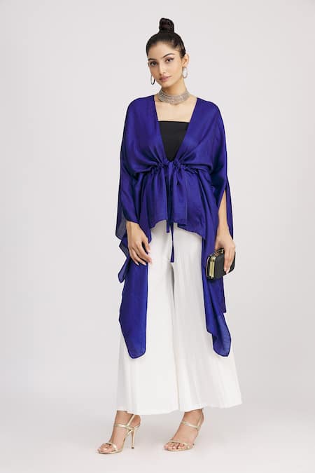 Buy_Harsh Harsh_Blue Dupion Silk V Neck Asymmetric Tie-up Jacket _Online_at_Aza_Fashions