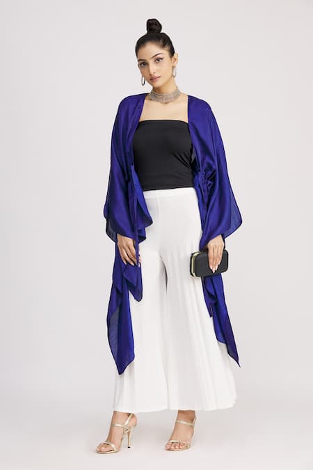Shop_Harsh Harsh_Blue Dupion Silk V Neck Asymmetric Tie-up Jacket _Online_at_Aza_Fashions