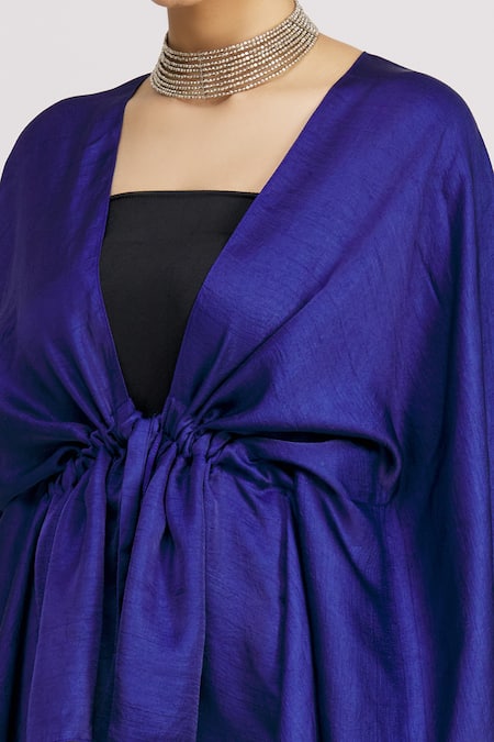 Harsh Harsh_Blue Dupion Silk V Neck Asymmetric Tie-up Jacket _at_Aza_Fashions
