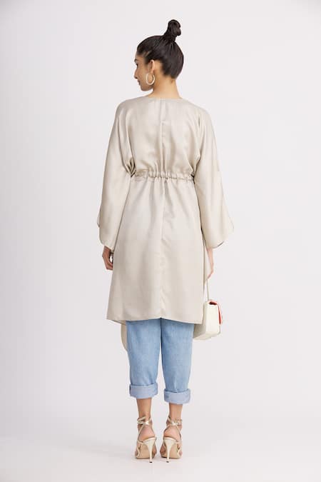 Shop_Harsh Harsh_Grey Dupion Silk V Neck Asymmetric Tie-up Jacket _at_Aza_Fashions