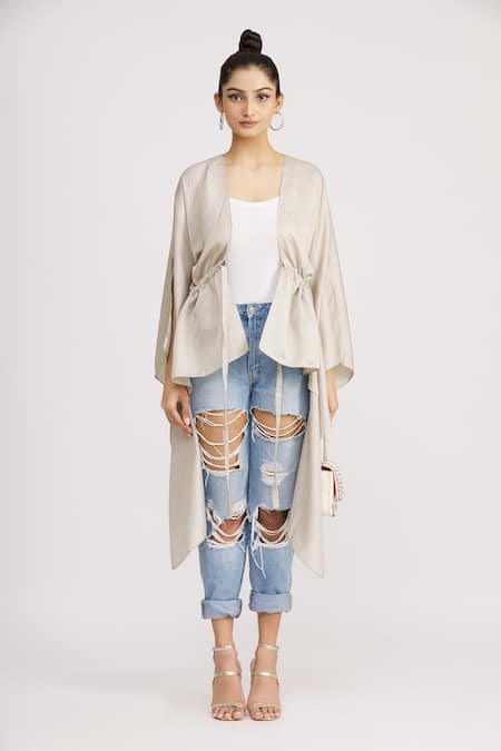 Harsh Harsh_Grey Dupion Silk V Neck Asymmetric Tie-up Jacket _Online_at_Aza_Fashions