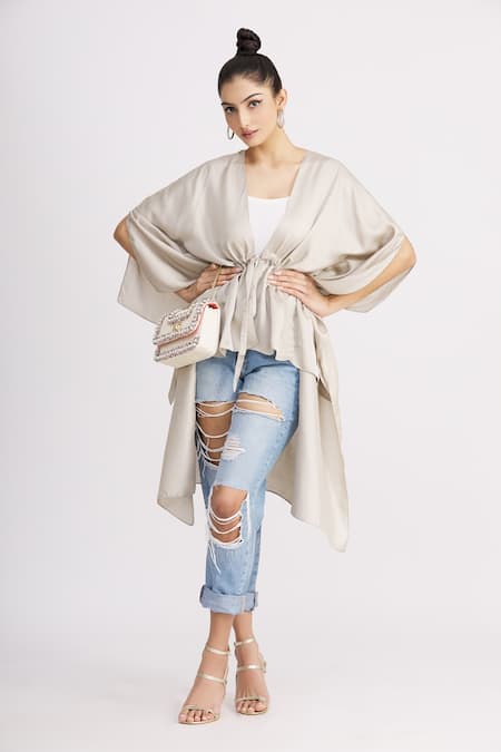 Buy_Harsh Harsh_Grey Dupion Silk V Neck Asymmetric Tie-up Jacket _Online_at_Aza_Fashions