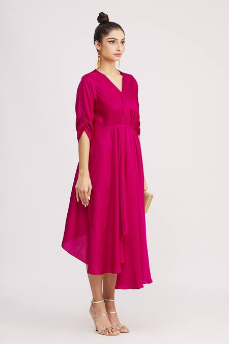 Harsh Harsh_Pink Dupion Silk V Neck High Low Dress _Online_at_Aza_Fashions